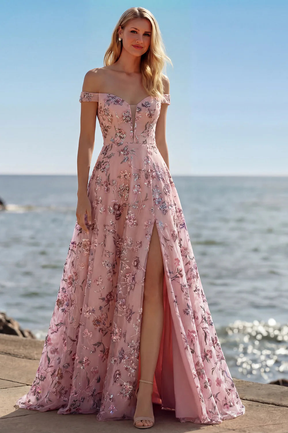 Blush Floral Off-the-Shoulder Evening Dresses