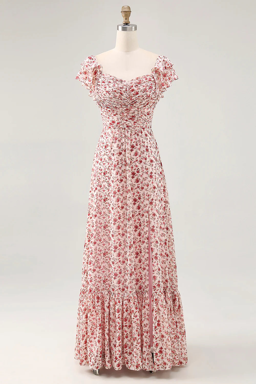 Blush Flower A-Line Ruched Lace Up Back Long Bridesmaid Dress with Slit