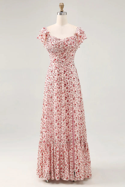Blush Flower A-Line Ruched Lace Up Back Long Bridesmaid Dress with Slit