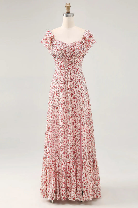 Blush Flower A-Line Ruched Lace Up Back Long Bridesmaid Dress with Slit
