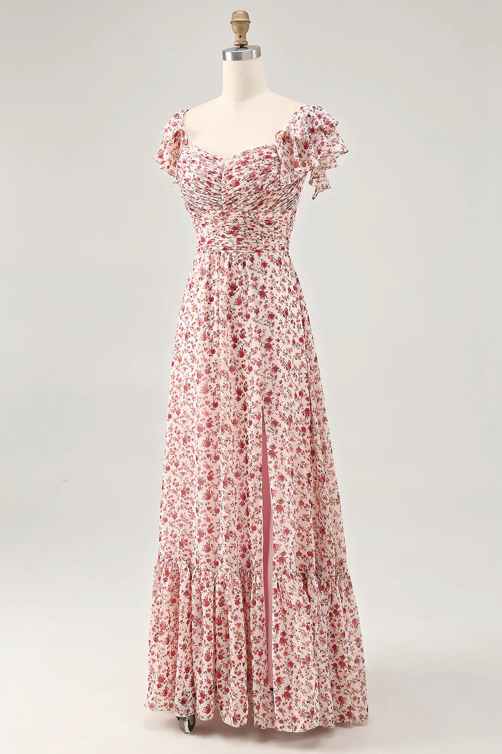Blush Flower A-Line Ruched Lace Up Back Long Bridesmaid Dress with Slit