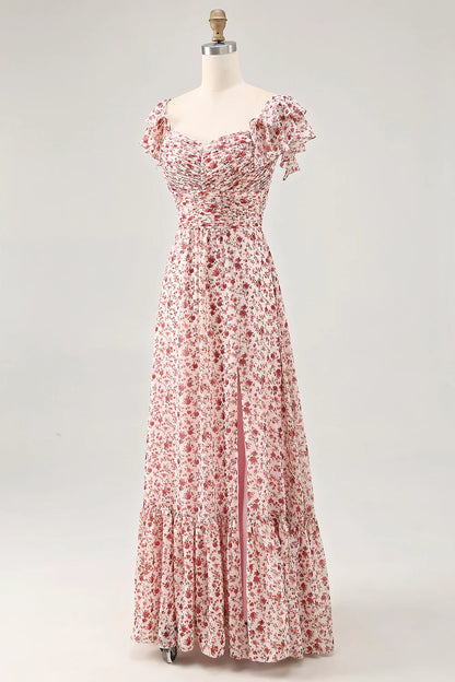 Blush Flower A-Line Ruched Lace Up Back Long Bridesmaid Dress with Slit