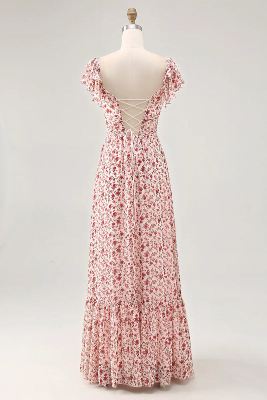 Blush Flower A-Line Ruched Lace Up Back Long Bridesmaid Dress with Slit