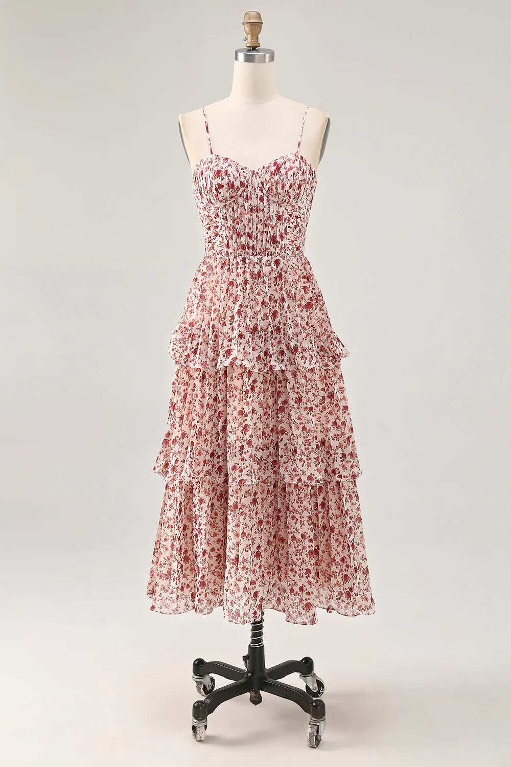 Blush Flower A-Line Spaghetti Straps Tiered Long Bridesmaid Dress with Ruffles