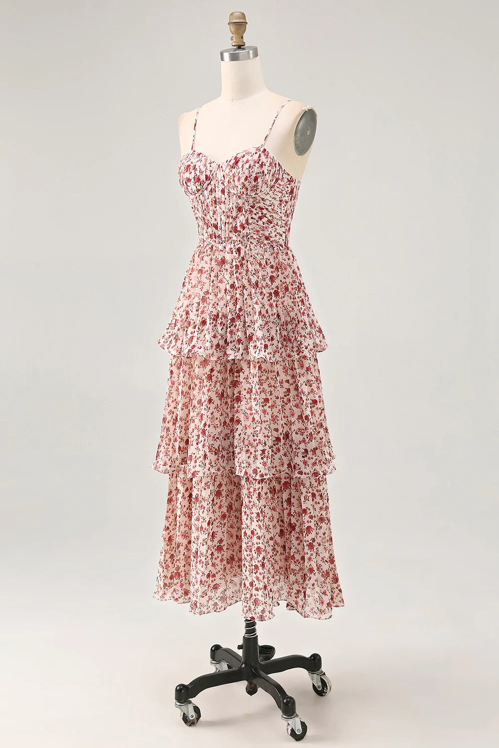 Blush Flower A-Line Spaghetti Straps Tiered Long Bridesmaid Dress with Ruffles