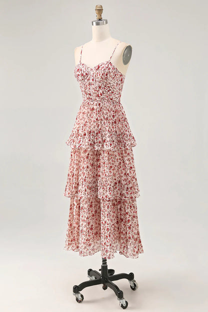 Blush Flower A-Line Spaghetti Straps Tiered Long Bridesmaid Dress with Ruffles