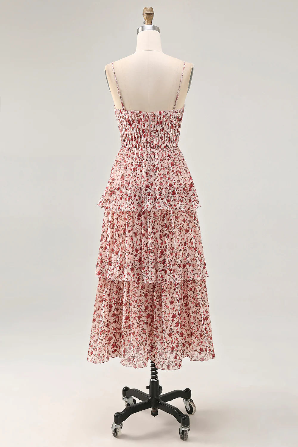 Blush Flower A-Line Spaghetti Straps Tiered Long Bridesmaid Dress with Ruffles