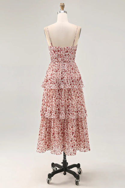 Blush Flower A-Line Spaghetti Straps Tiered Long Bridesmaid Dress with Ruffles