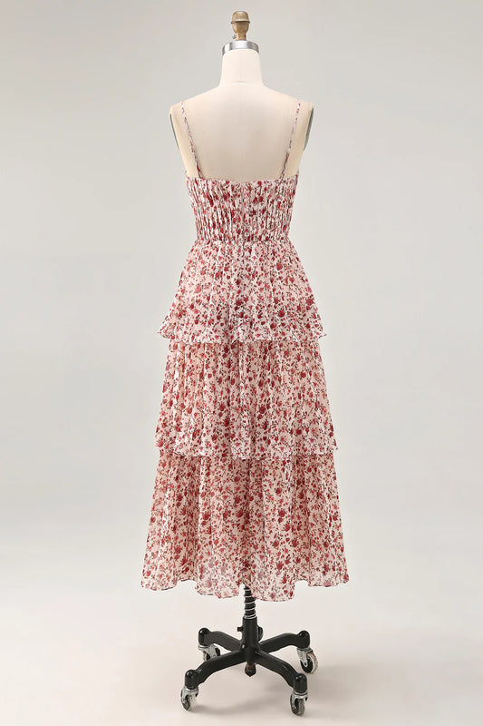 Blush Flower A-Line Spaghetti Straps Tiered Long Bridesmaid Dress with Ruffles