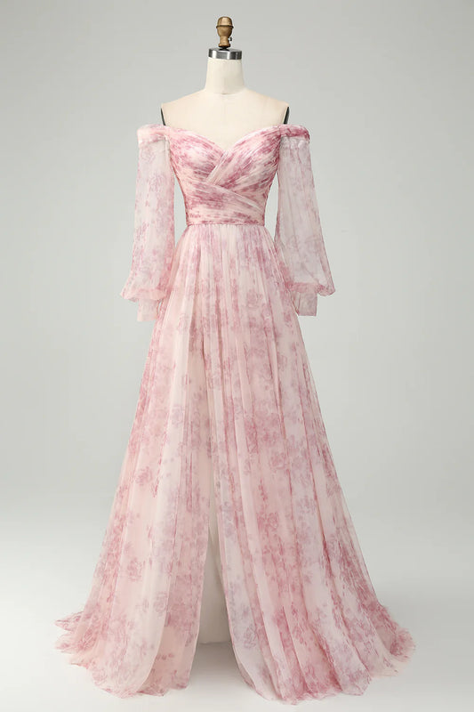 Blush Flower A-Line Off The Shoulder Print Maxi Dress With Slit