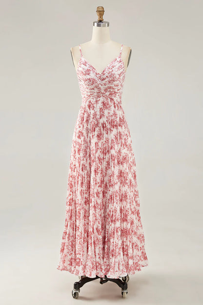 Blush Flower A Line Spaghetti Straps Print Pleated Long Wedding Party Dress