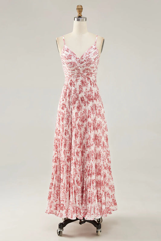 Blush Flower A Line Spaghetti Straps Print Pleated Long Wedding Party Dress