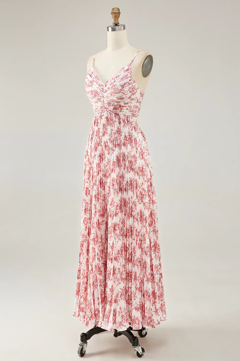 Blush Flower A Line Spaghetti Straps Print Pleated Long Wedding Party Dress