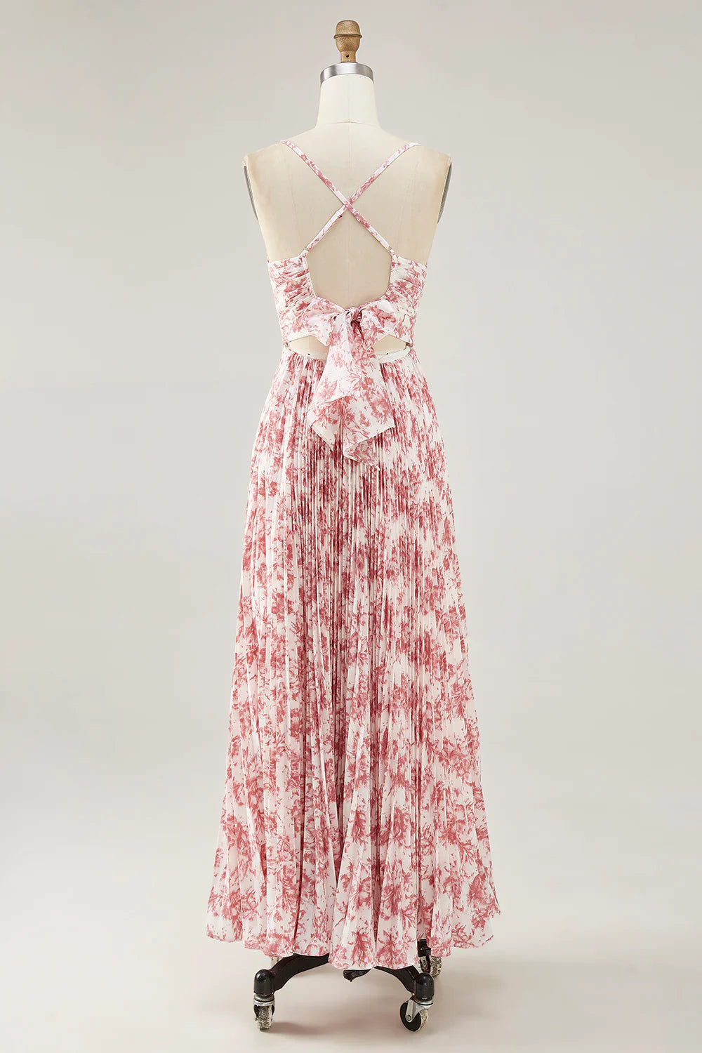 Blush Flower A Line Spaghetti Straps Print Pleated Long Wedding Party Dress