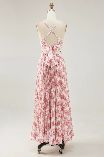 Blush Flower A Line Spaghetti Straps Print Pleated Long Wedding Party Dress