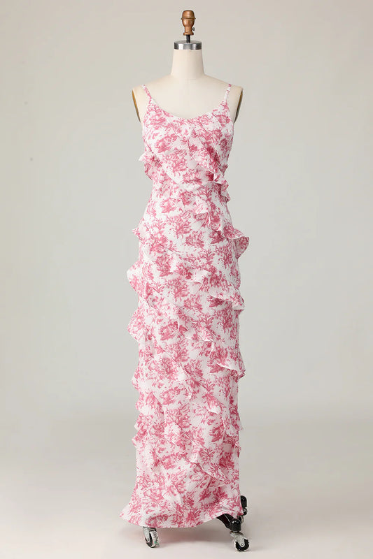 Blush Flower Sheath Spaghetti Straps Ruffled Wedding Guest Dress with Slit