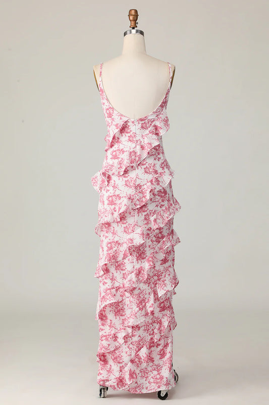 Blush Flower Sheath Spaghetti Straps Ruffled Wedding Guest Dress with Slit