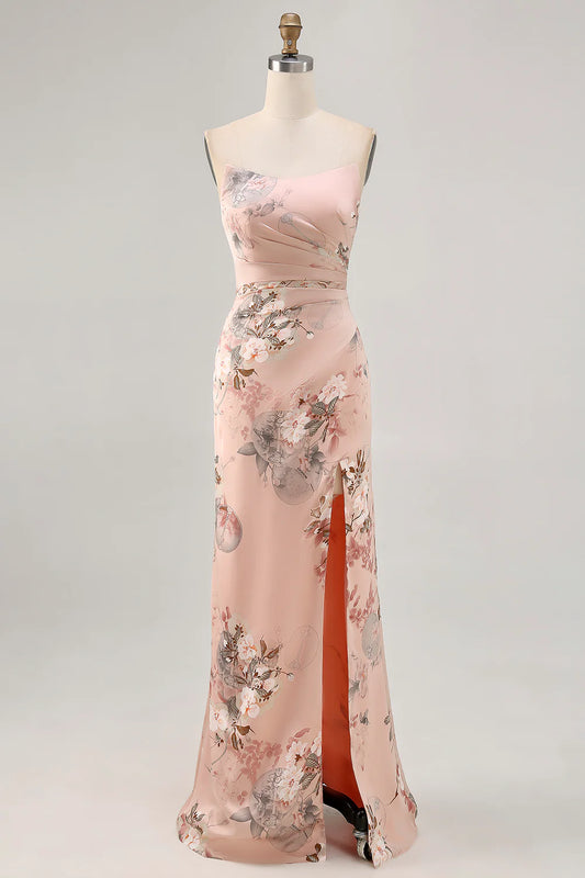 Blush Flower Sheath Strapless Printed Long Bridesmaid Dress with Slit