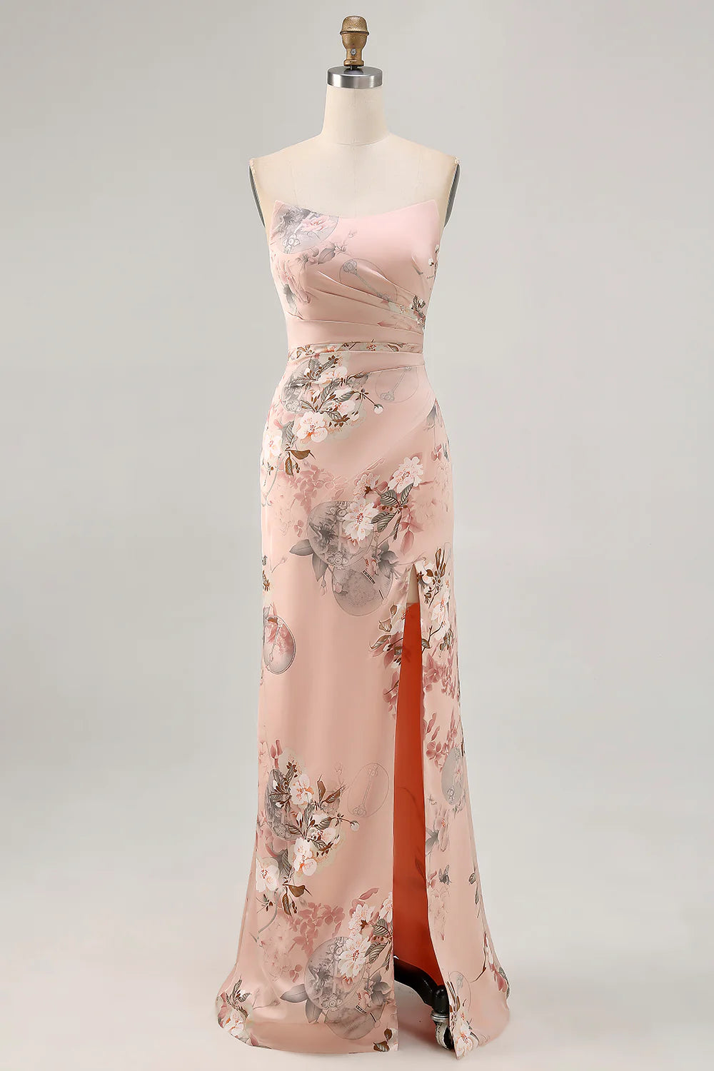 Blush Flower Sheath Strapless Printed Long Bridesmaid Dress with Slit