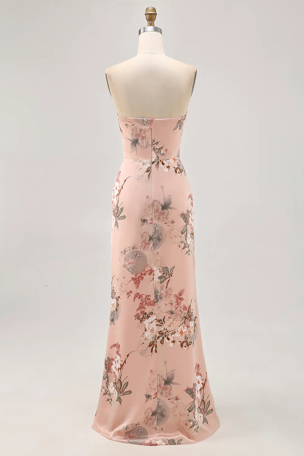 Blush Flower Sheath Strapless Printed Long Bridesmaid Dress with Slit