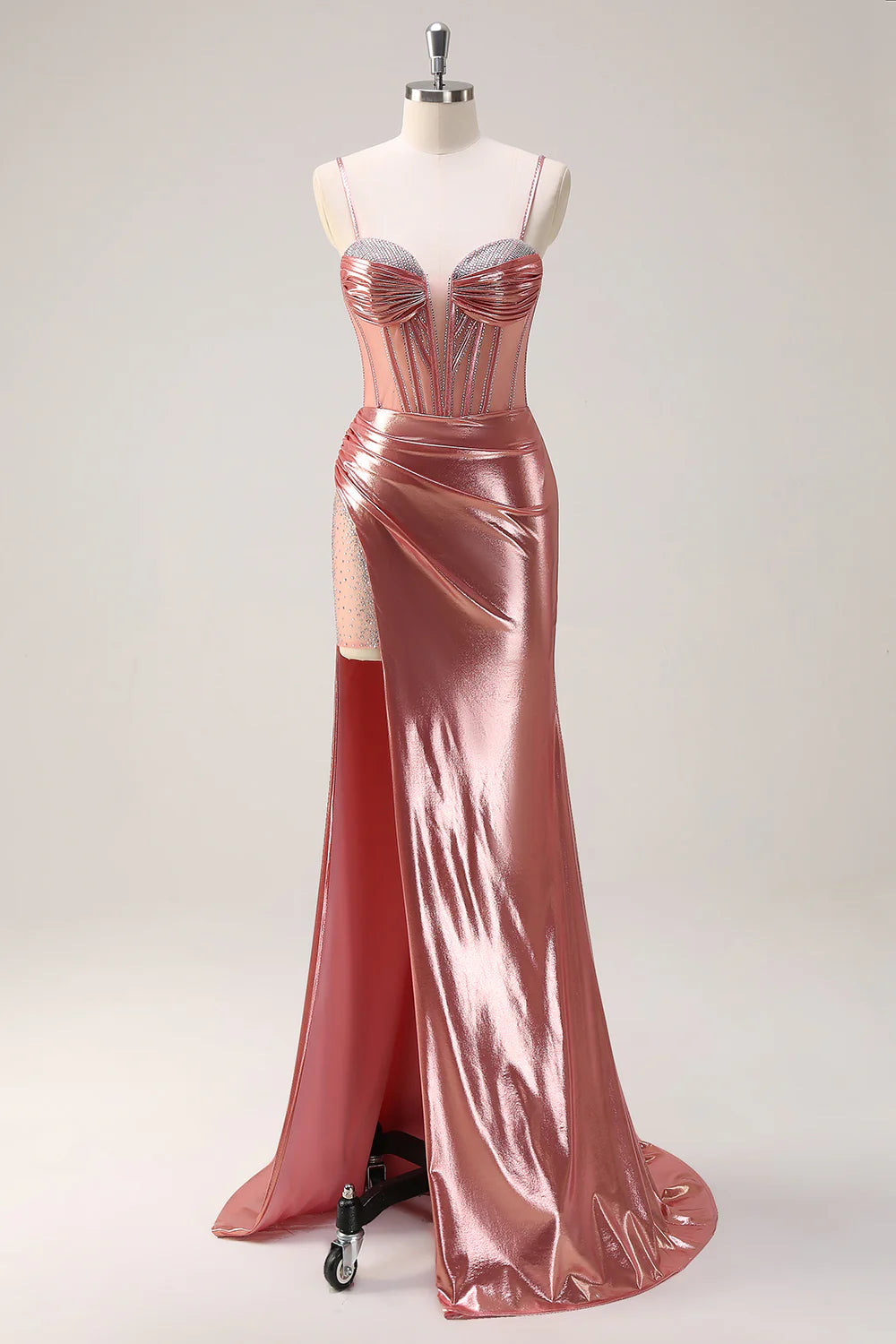 Blush Mermaid Spaghetti Straps Beaded Metallic Long Prom Dress with Slit