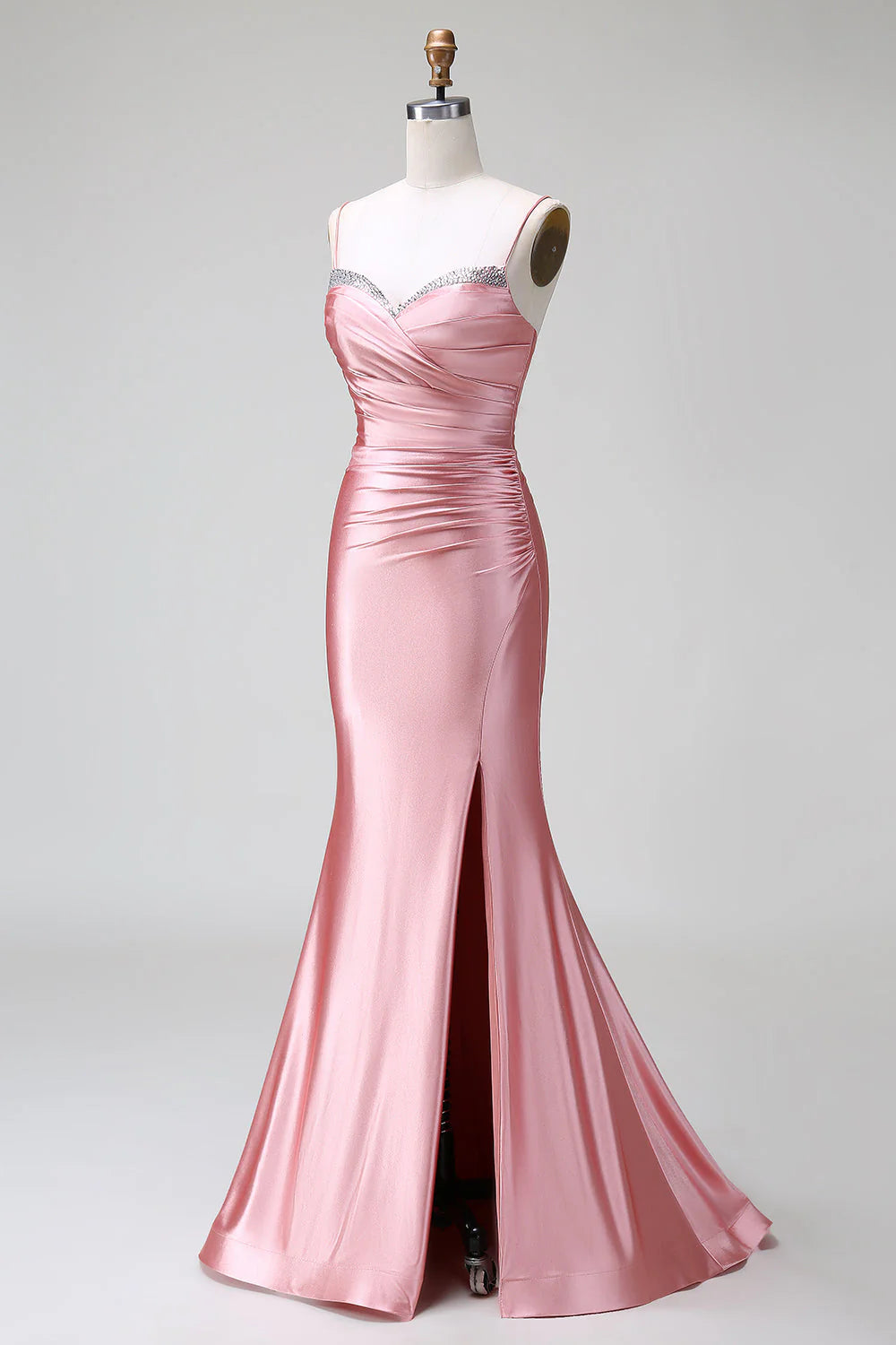 Blush Mermaid Spaghetti Straps Pleated Lace Up Satin Prom Dress with Slit
