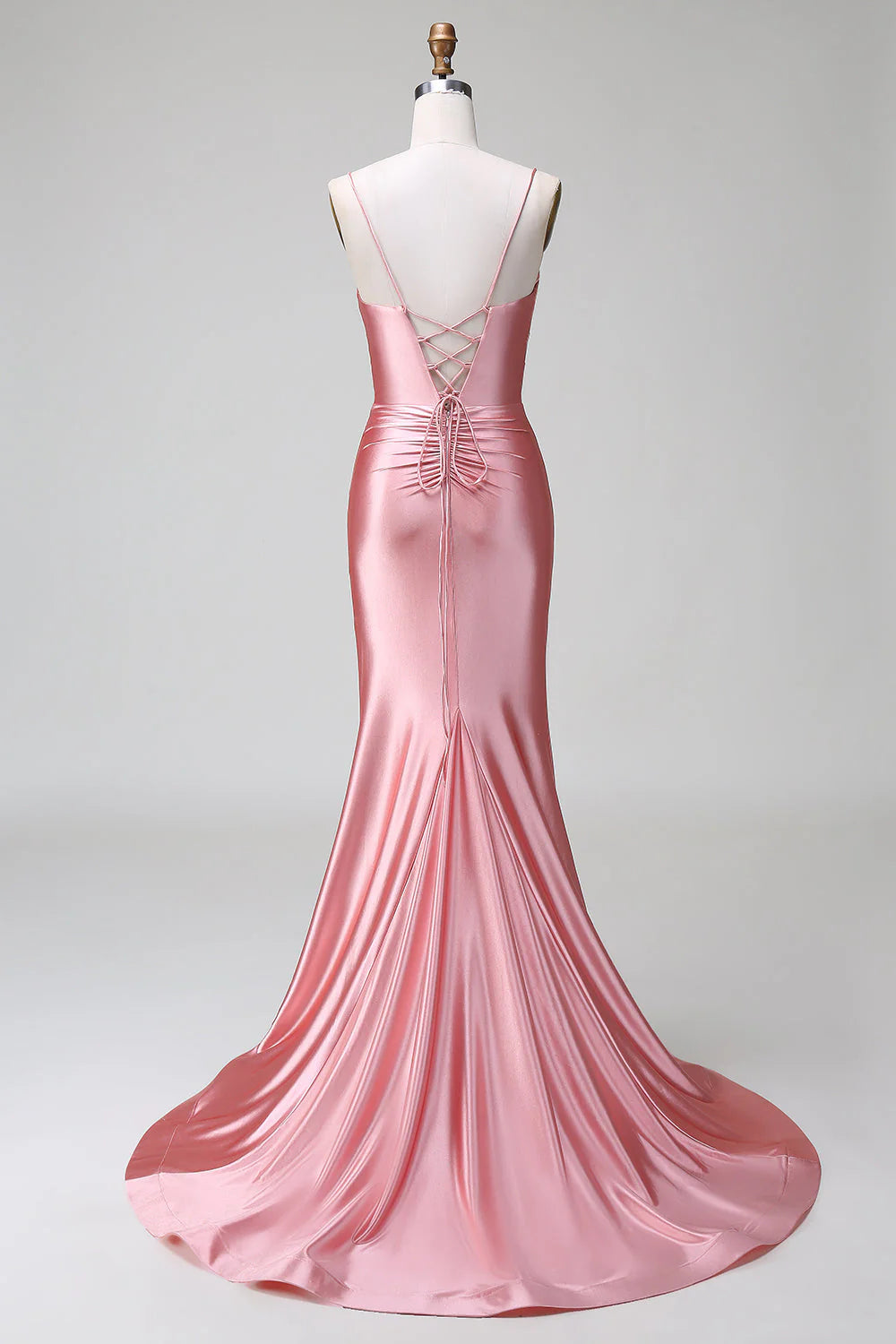 Blush Mermaid Spaghetti Straps Pleated Lace Up Satin Prom Dress with Slit