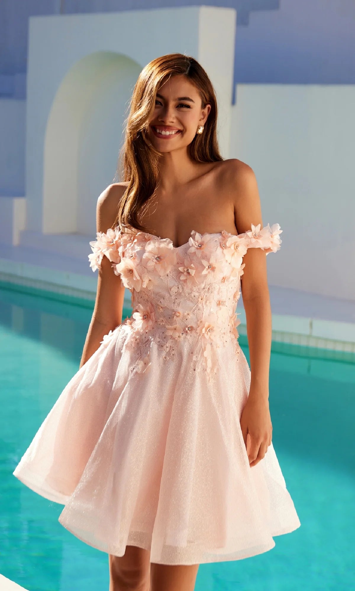 Blush Off The Shoulder 3D Floral Homecoming Dresses