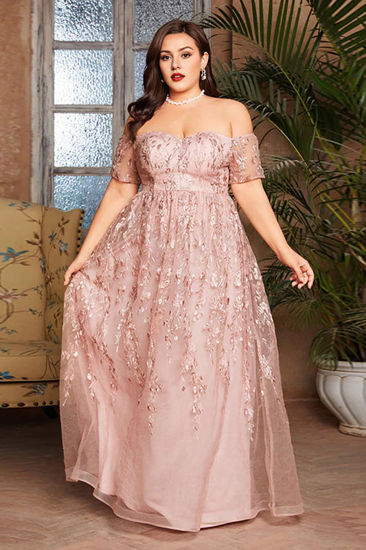 Blush Off The Shoulder Plus Size A Line Long Mother Of The Bride Dress With Appliques