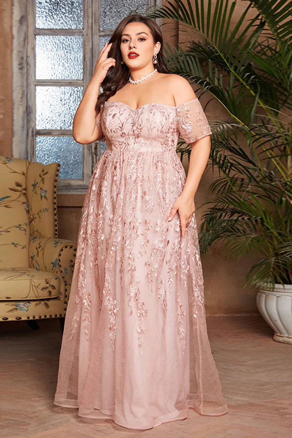 Blush Off The Shoulder Plus Size A Line Long Mother Of The Bride Dress With Appliques