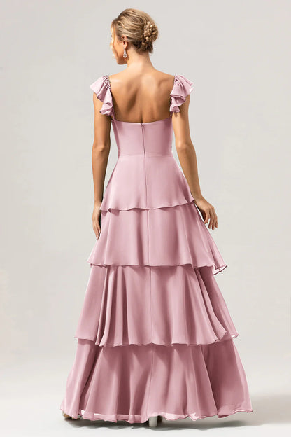 Eucalyptus A Line Off The Shoulder Tiered Long Bridesmaid Dress