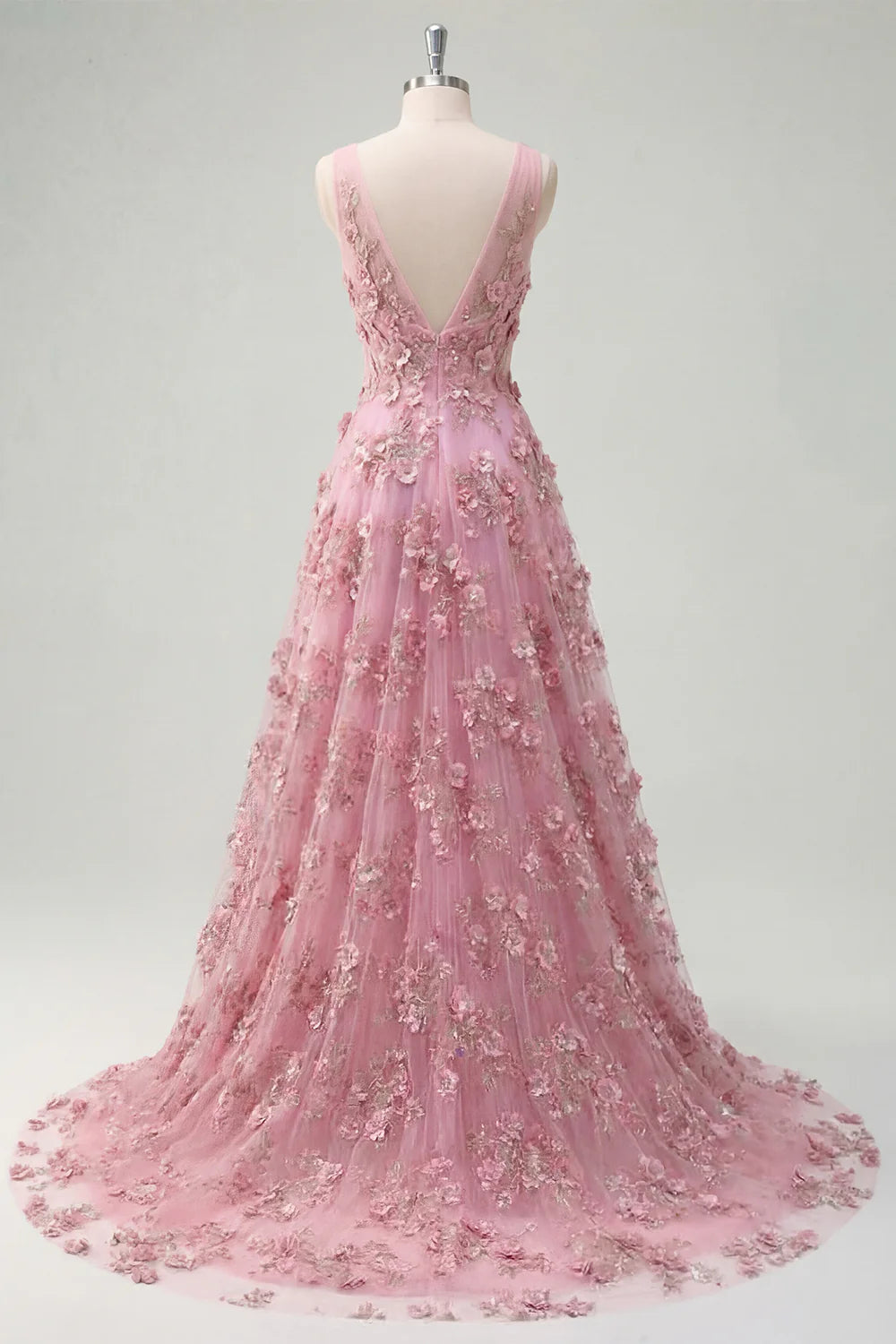 Blush Pink 3D Floral Appliqué High-Low Tulle Evening Dresses