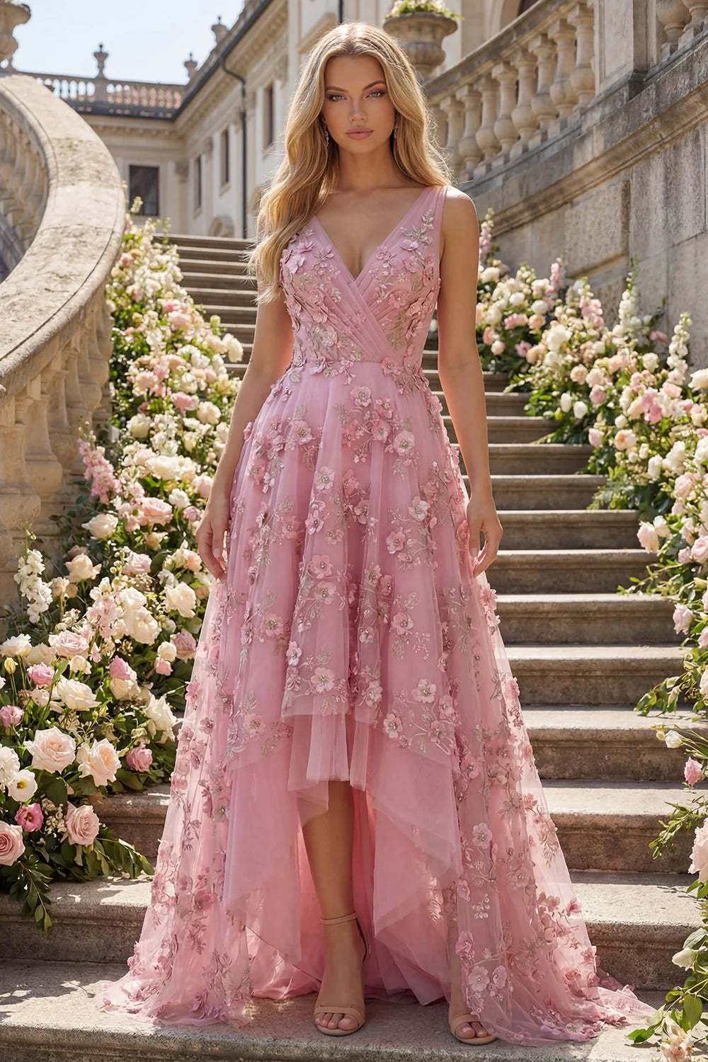 Blush Pink 3D Floral Appliqué High-Low Tulle Evening Dresses