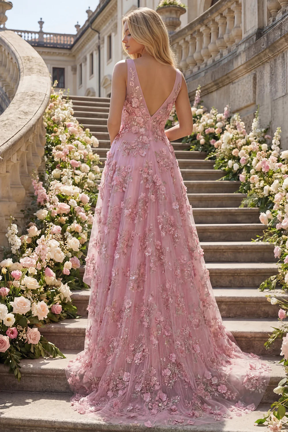 Blush Pink 3D Floral Appliqué High-Low Tulle Evening Dresses