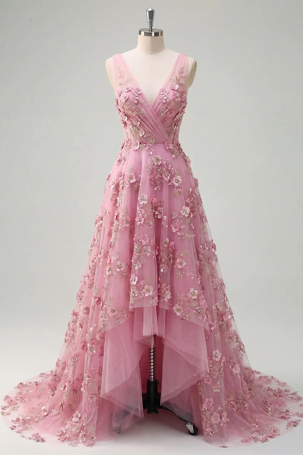 Blush Pink 3D Floral Appliqué High-Low Tulle Evening Dresses