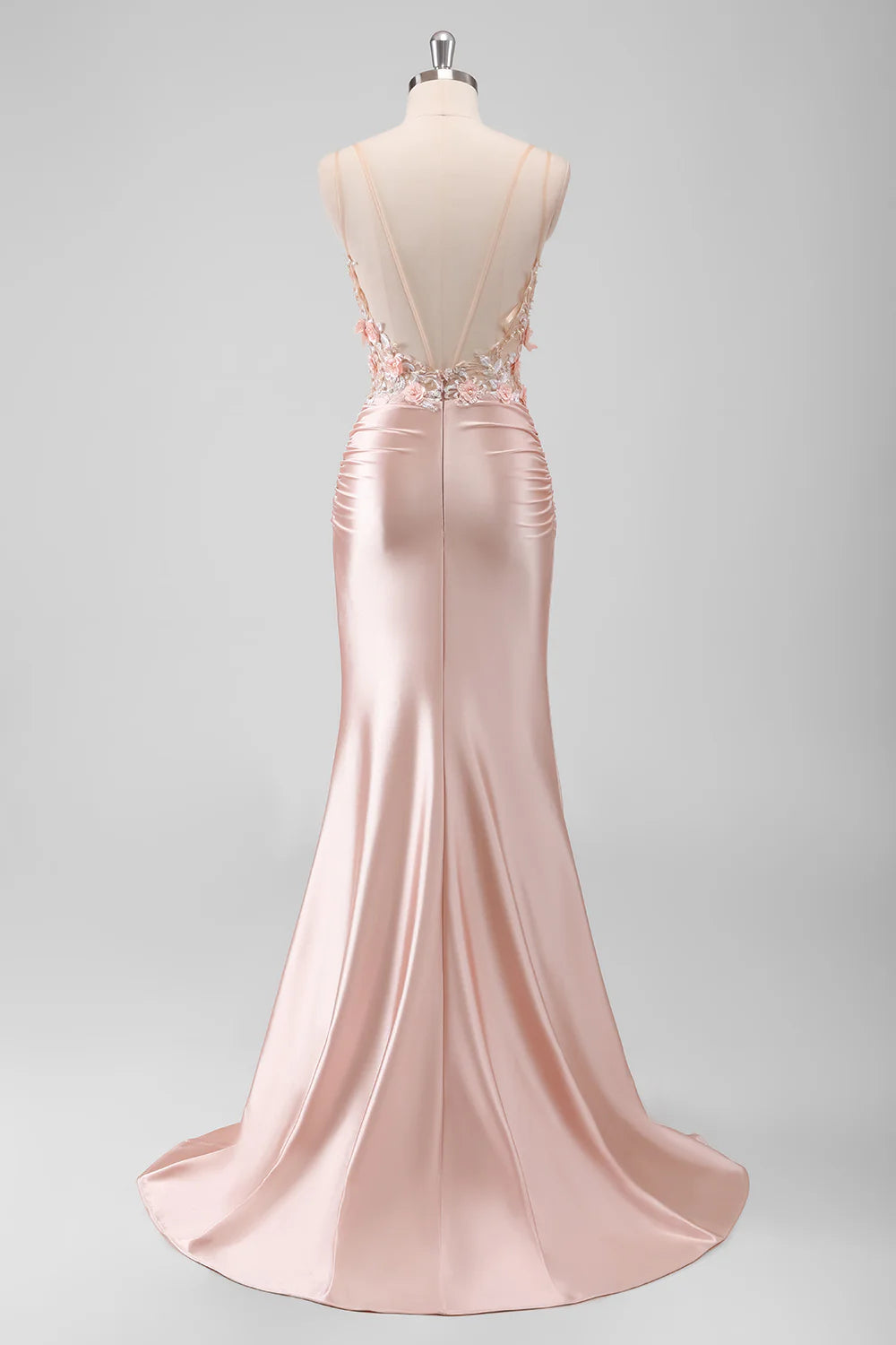 Blush Pink 3D Floral Applique Sheer Bodice High Slit Satin Mermaid Maxi Evening Dresses