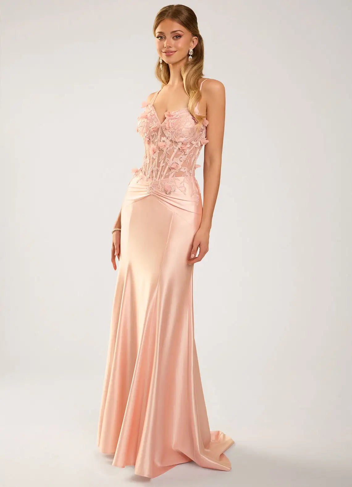 Blush Pink 3D Floral Applique Sheer Corset Satin Mermaid Evening Dresses