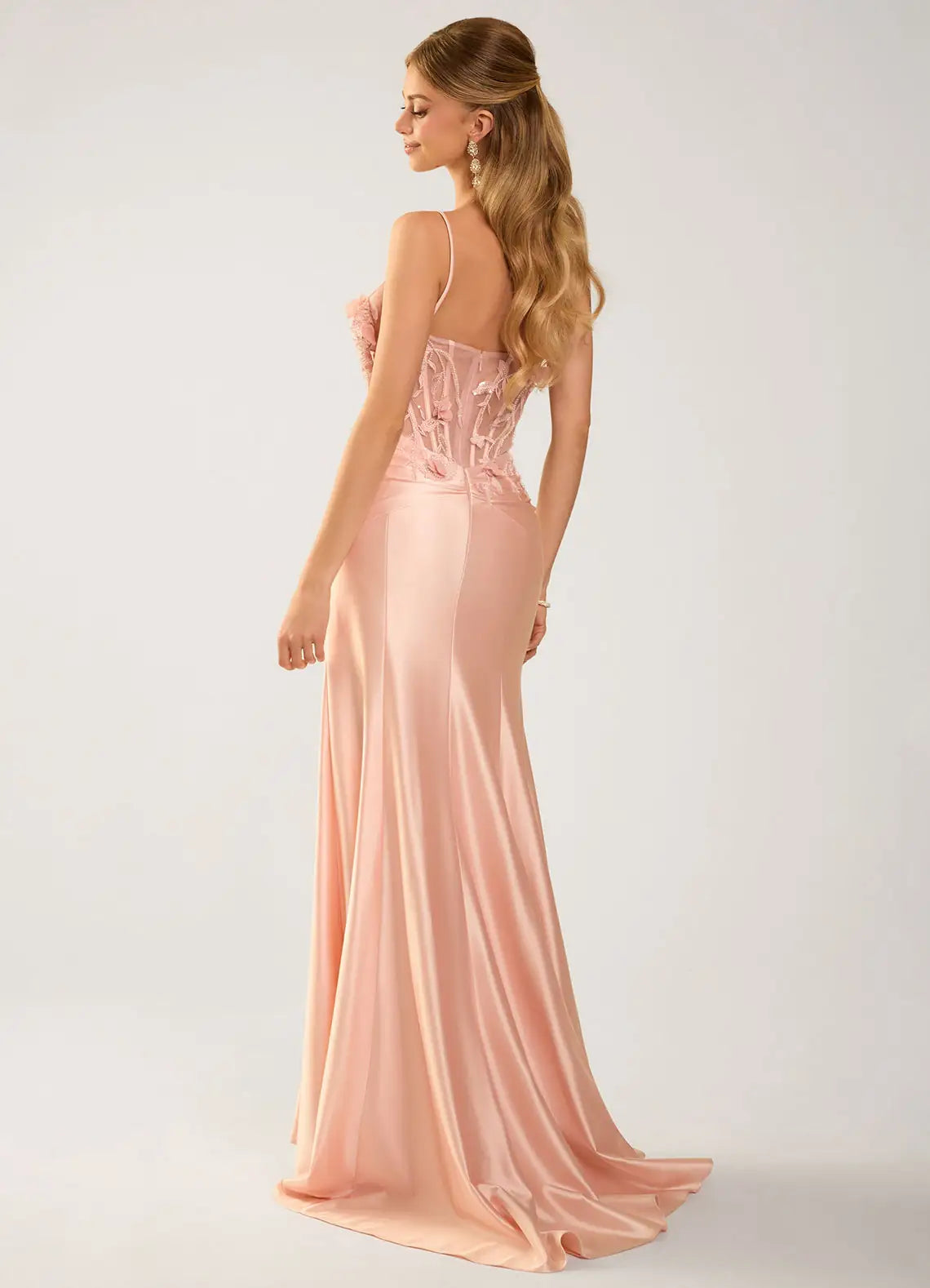 Blush Pink 3D Floral Applique Sheer Corset Satin Mermaid Evening Dresses