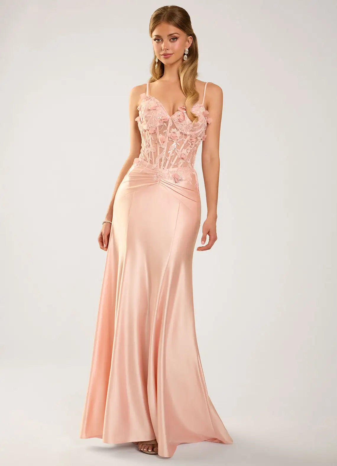 Blush Pink 3D Floral Applique Sheer Corset Satin Mermaid Evening Dresses