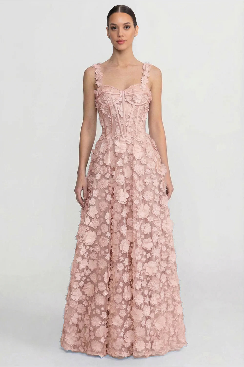 Blush Pink 3D Floral Corset A-Line Evening Dresses