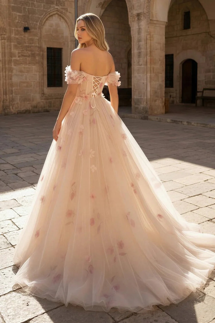 Blush Pink 3D Floral Off Shoulder Lace Up Back Tulle Evening Dresses