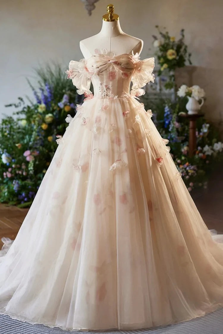 Blush Pink 3D Floral Off Shoulder Lace Up Back Tulle Evening Dresses