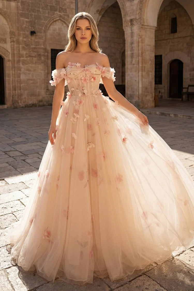 Blush Pink 3D Floral Off Shoulder Lace Up Back Tulle Evening Dresses
