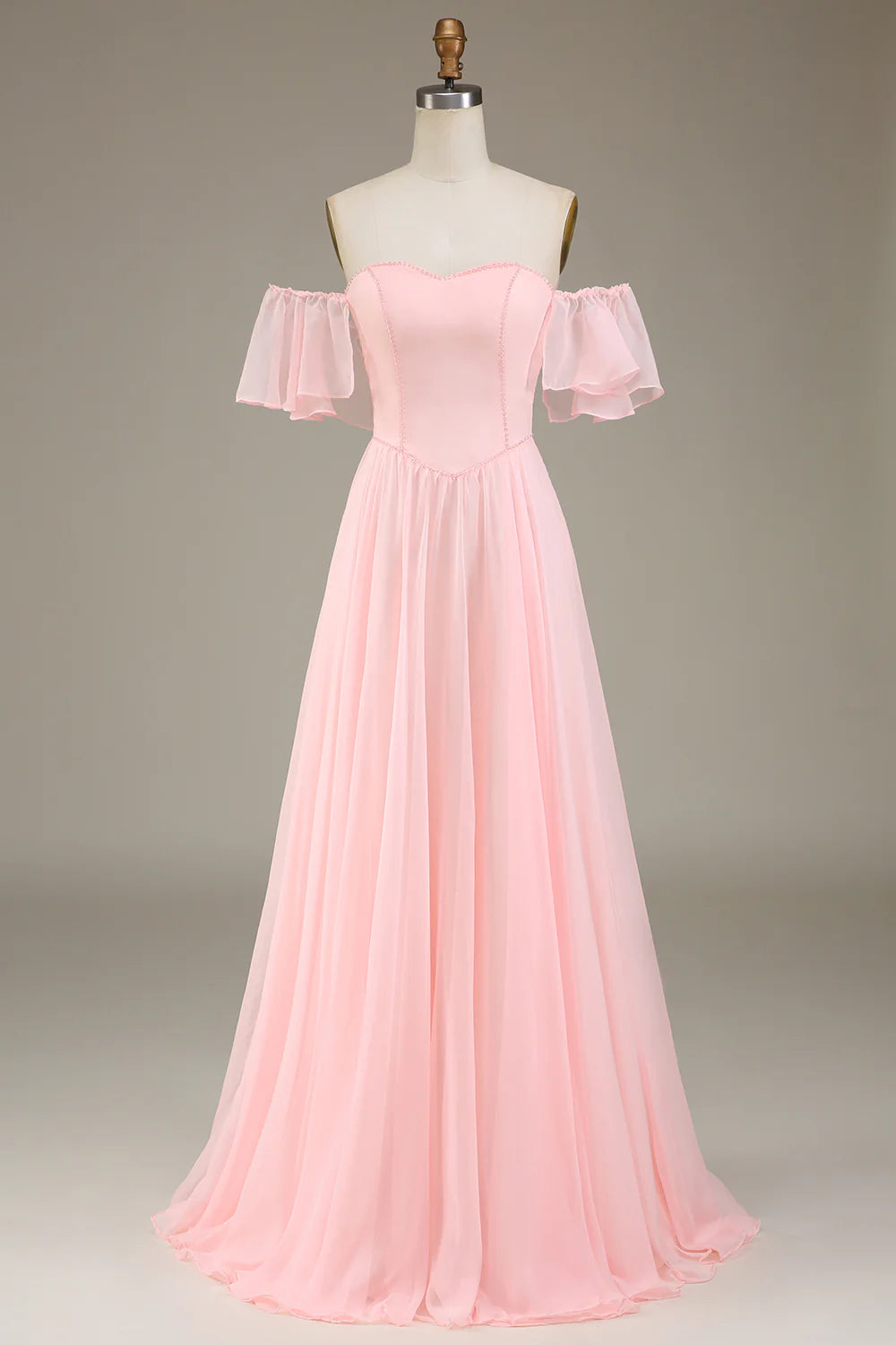 Blush Pink A-Line Off the Shoulder Long Bridesmaid Dress