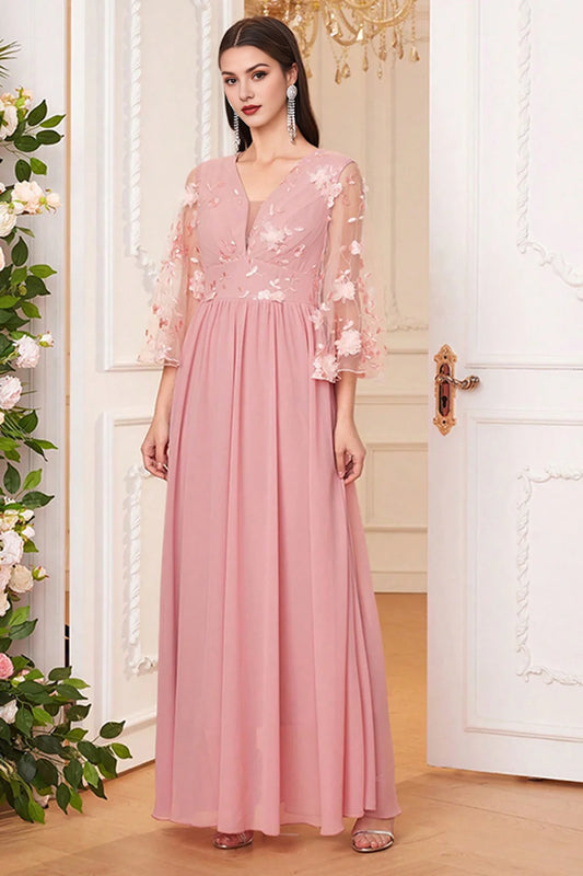 Blush Pink A Line Long Mother Of The Bride Dress WIth 3D Flowers