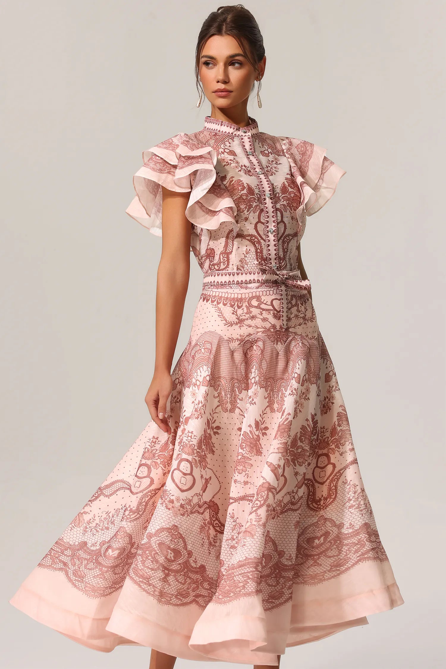 Blush Pink Baroque Print Ruffle Sleeve Belted A-Line Midi Evening Dresses