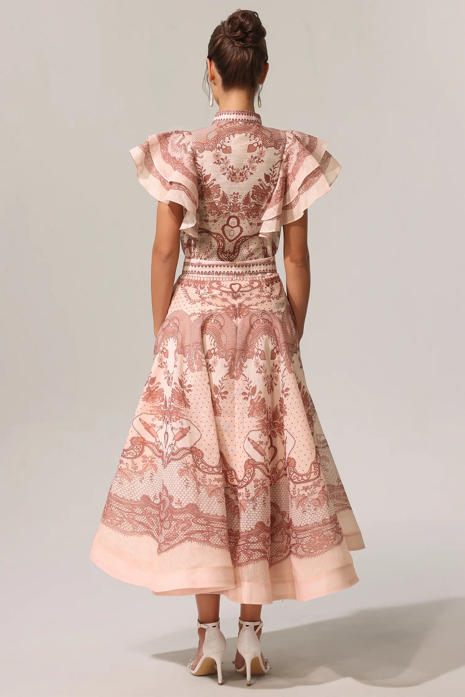 Blush Pink Baroque Print Ruffle Sleeve Belted A-Line Midi Evening Dresses