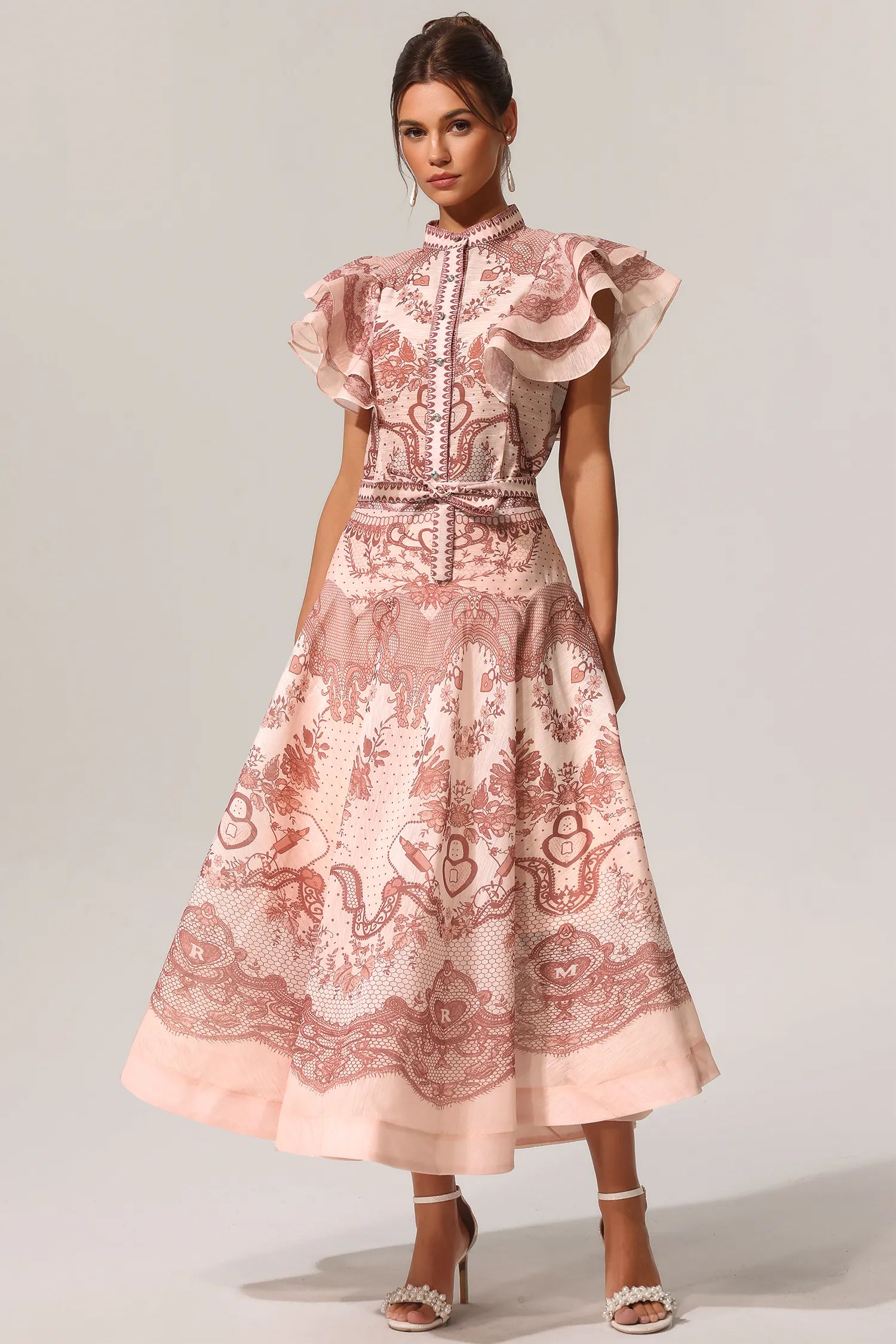 Blush Pink Baroque Print Ruffle Sleeve Belted A-Line Midi Evening Dresses