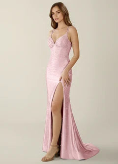 Blush Pink Beaded Lace Up Back High Slit Maxi Evening Dresses