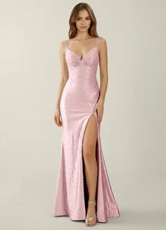 Blush Pink Beaded Lace Up Back High Slit Maxi Evening Dresses